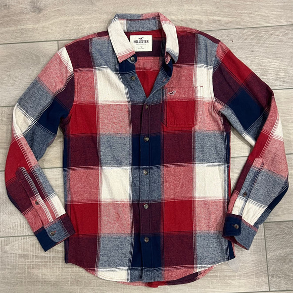 Hollister Flannel Button Down Shirt Multi Plaid Men's Small Long Sleeve Pocket - Picture 1 of 3